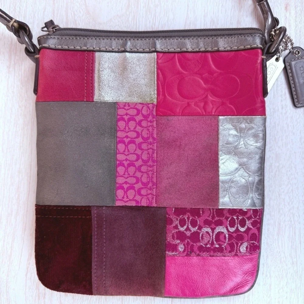 Vintage Y2K COACH Patchwork Pink Silver‎ Crossbody Monogram 2 Hang Tags Festival